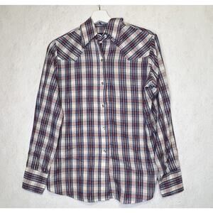 VTG Panhandle Slim Women 14 Shirt Blue Red Gold Plaid Pearl Snap Western USA